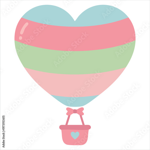 Heart Shaped Flying Balloon Decorated With Pink Bow And Attached Basket Vector Art
