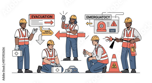 Illustrated vector art showcasing workers wearing safety vests and hardhats in various scenarios related to World Day for Safety and Health at Work, set against a clean white background