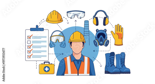 An illustration depicts a faceless worker wearing safety gear, surrounded by equipment like a hard hat and goggles, set against a clean white backdrop, promoting World Day for Safety