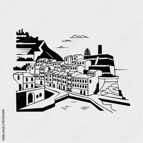 Black and white illustration of a coastal town with buildings and harb