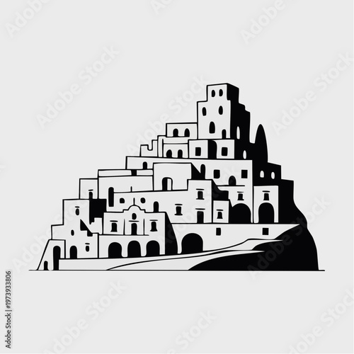 black and white illustration of a mediterranean hilltop town