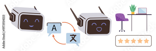Language translation, AI technology, communication tools, customer reviews, tech workspaces, feedback systems. Two AI chatbots with translation icons and speech bubbles. Language translation and AI