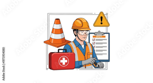 Illustrated scene depicting a safety-conscious construction worker wearing a hard hat and vest, alongside a first aid kit, cone, and warning sign, all set against a clean white background