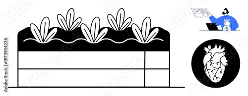 Sustainable agriculture, fintech, healthcare, organic growth, modern payment, anatomy. A garden bed with crops, person with payment ion heart icon. Sustainable agriculture and fintech concept