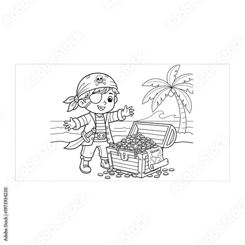 Cartoon pirate boy reaching for treasure chest with he is reaching his hand