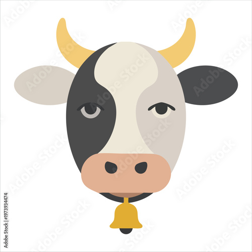 Simple Illustration Of White And Grey Spotted Cow Head With Gold Bell Vector