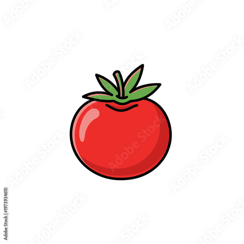 Fresh red tomato with green stem and leaves isolated