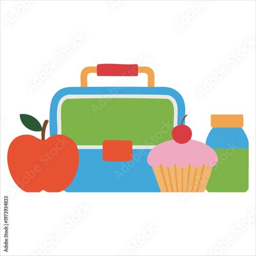 Lunch Box With School Meal Banana Orange Sandwich And Muffin Flat Vector Illustration