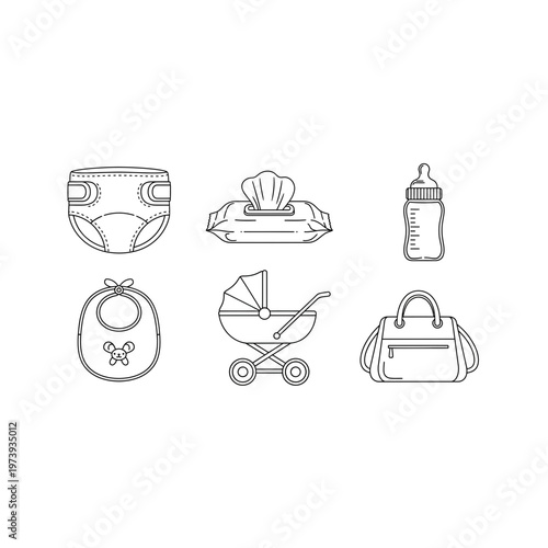 Set of baby essential care product icons coloring page
