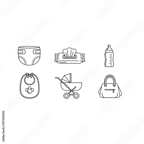 Baby care accessories line art icons set