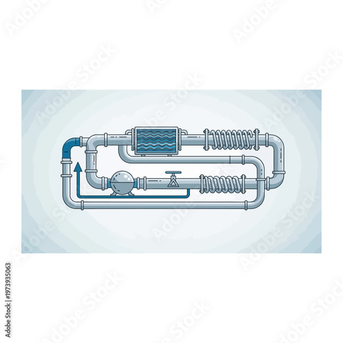 Industrial hydraulic water system diagram with pipes and pump