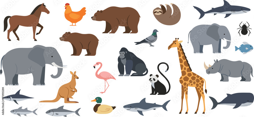Naklejka premium Wild and Domestic Animals Vector Illustration Set Featuring Elephant, Giraffe, Bear, Horse, Kangaroo, Shark, Flamingo, Panda, and More in Flat Cartoon Style.