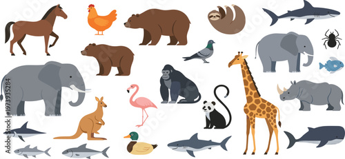 Wild and Domestic Animals Vector Illustration Set Featuring Elephant, Giraffe, Bear, Horse, Kangaroo, Shark, Flamingo, Panda, and More in Flat Cartoon Style.