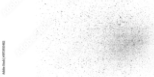 Grunge halftone gradient background. Faded grit noise texture. White and black sandy wallpaper. Retro pixelated backdrop. Anime or manga style comic overlay. Vector graphic design textured template
