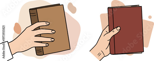 Two hands holding closed books on a colorful background in a hand drawn style, ideal for illustrating literature, reading, and education themes, on a transparent background