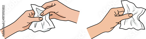 Hands crumpling and smoothing a white tissue paper isolated on a transparent background illustrating daily hygiene actions in a hand drawn style