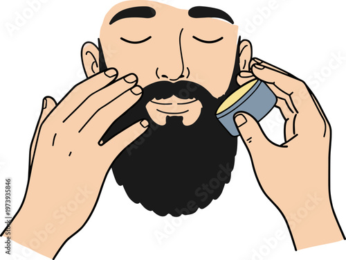 Man applying beard balm while grooming his facial hair in a hand drawn style on a transparent background for digital or print use