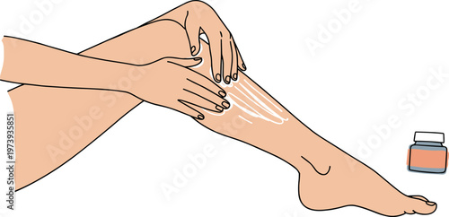 Woman applying moisturizer on her leg with a jar of cream on a black background in a hand drawn style showcasing self-care routine