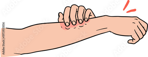 Person scratching their arm to relieve an itch, vector illustration on a transparent background, hand drawn style with simple lines and warm tones
