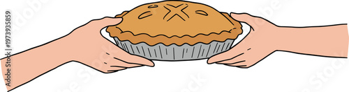 Two hands exchanging a pie in a hand drawn style on a transparent background showcasing a warm and inviting atmosphere with golden crust and silver pie dish.