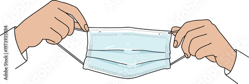 Two Hands Putting On a Surgical Face Mask in a Hand Drawn Style on a Transparent Background