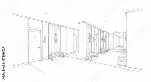 Architectural sketch of a modern interior hallway with multiple doors and decorative elements.
