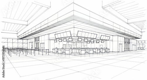 Architectural sketch of a modern interior space with a bar area.