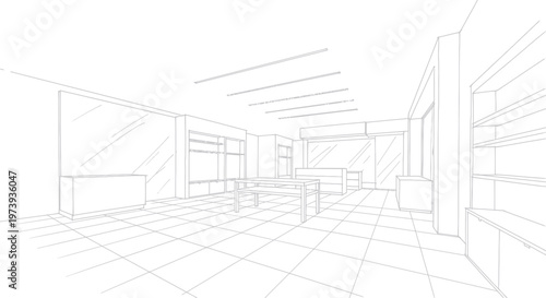 Architectural sketch of a modern interior space with furniture layout.