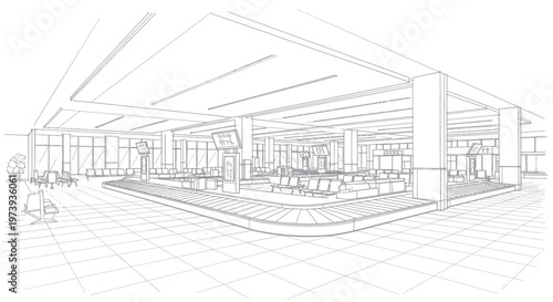 Architectural sketch of a modern interior space with seating and counters.