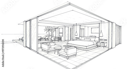 Architectural sketch of a modern luxury hotel room interior design.