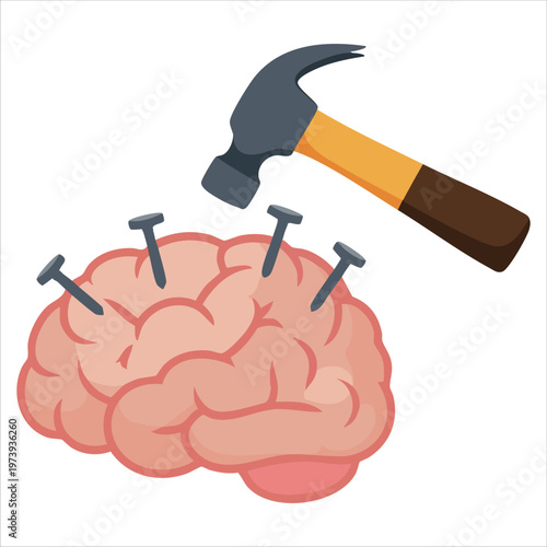Hammering Nails Into Human Brain Headache Concept Put Stereotypes Into Head Vector Illustration