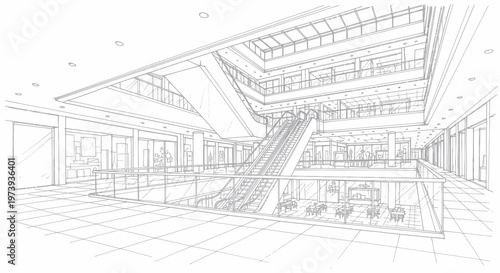 Architectural sketch of a modern multi-story shopping mall interior with escalators and glass railings.