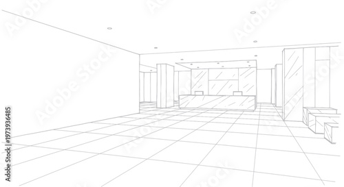 Architectural sketch of a modern reception area with a long counter and open space.
