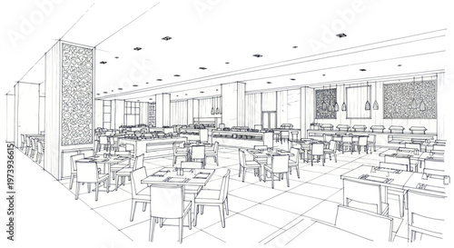Architectural sketch of a modern restaurant interior design.