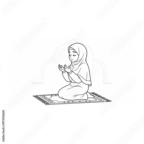 Woman praying on prayer mat line art illustration