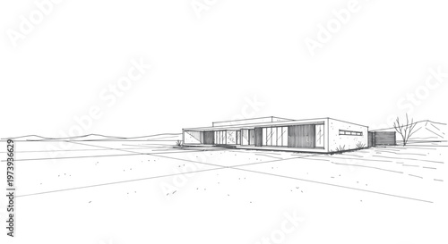 Architectural sketch of a modern single-story building in a minimalist style.