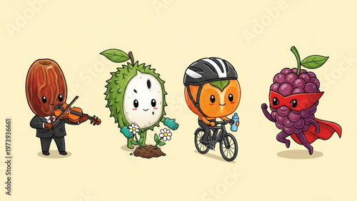 Cute Anthropomorphic Fruit Characters Set Playing Violin Cycling and Gardening