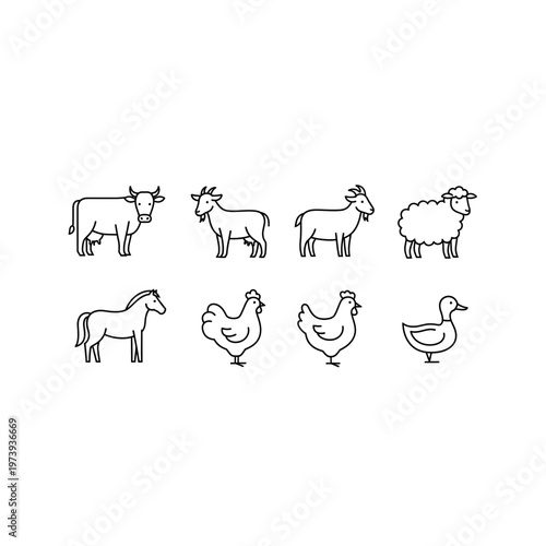 Set of outline farm animal icons