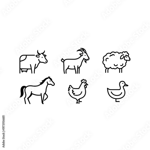 Farm animal line art icons collection