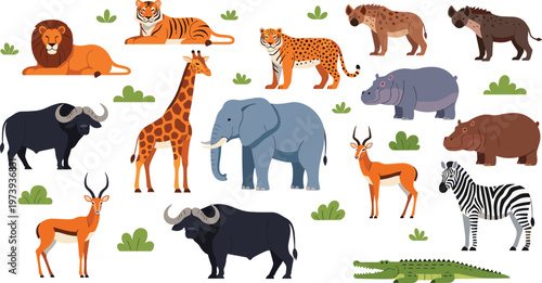 African Safari Animals Vector Illustration Set Featuring Lion, Tiger, Giraffe, Elephant, Zebra, Crocodile, Antelope, Buffalo, and Hyena in Flat Cartoon Style for Nature Design.