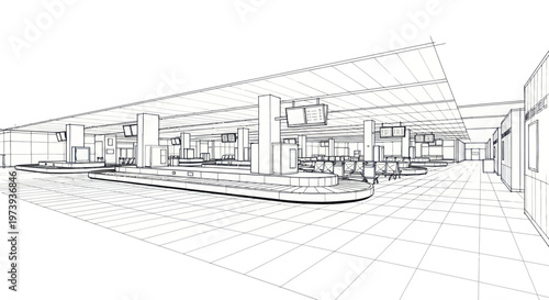 Architectural sketch of an airport baggage claim area with carousels and seating.