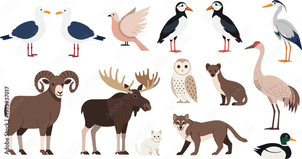 Obraz premium Forest and Arctic Animals Vector Illustration Set Featuring Birds, Moose, Ram, Owl, Fox, Wolf, and Waterfowl in Flat Cartoon Style for Nature Design.