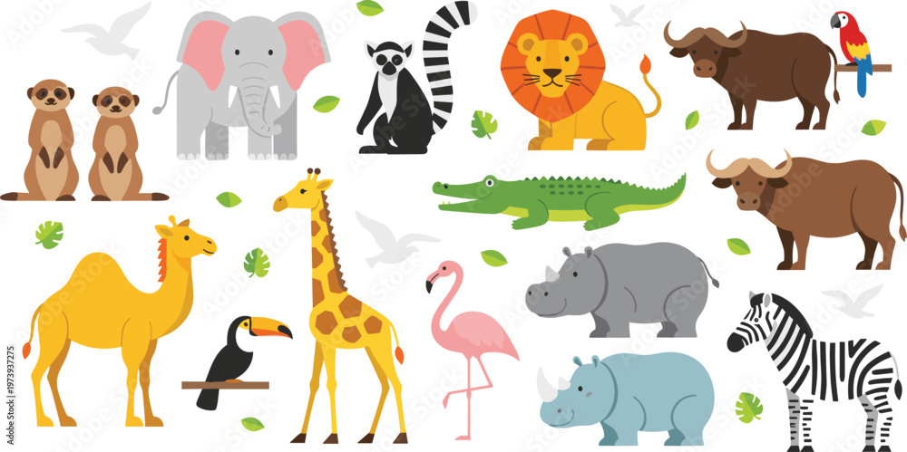 Obraz premium Cute Safari Animals Vector Illustration Set Featuring Lion, Elephant, Giraffe, Zebra, Crocodile, Camel, Flamingo, and More in Flat Cartoon Style for Kids Design.
