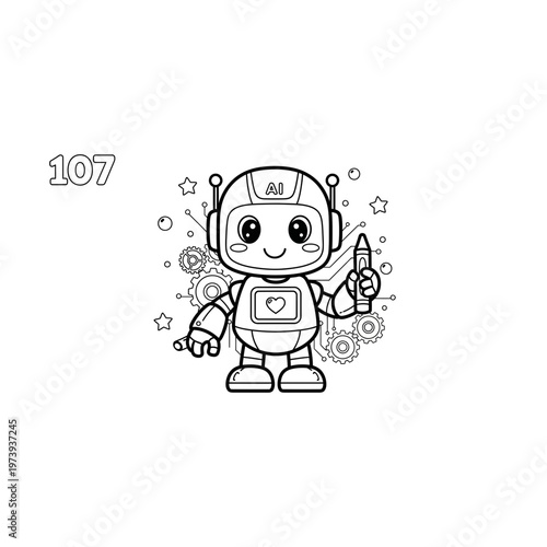 Cute cartoon robot with marker line art with sci fi