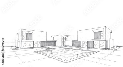 Architectural sketch of modern houses with swimming pool design concept.