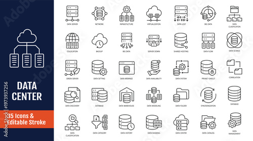 Data Center icon set. Steps icon set. Icons related to server, hosting, cloud computing, security, internet, computer, data processing, and more. Outline icon with Editable stroke. Vector illustration
