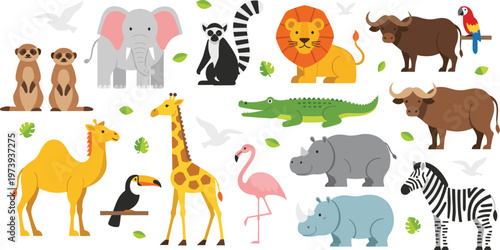 Cute Safari Animals Vector Illustration Set Featuring Lion, Elephant, Giraffe, Zebra, Crocodile, Camel, Flamingo, and More in Flat Cartoon Style for Kids Design.