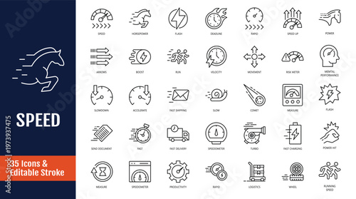 Speed icons set. Icons related to fast, slow, movement, productivity, indicator, turbo, speeding, gauge, express and more. Outline icon with Editable stroke. Vector illustration