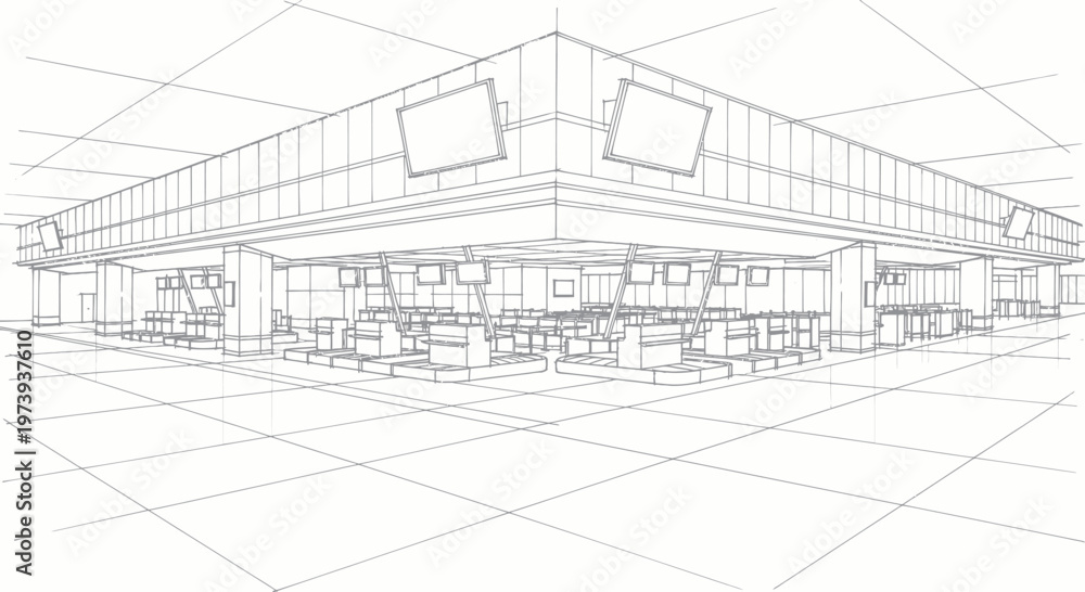 Fototapeta premium Architectural wireframe drawing of a modern commercial building exterior.