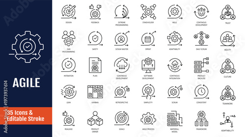 Minimalist Agile icons set. Icons related to various software development, plan, testing, process, scrum and more. Outline icon with Editable stroke. Vector illustration